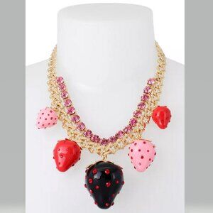 Betsey Johnson Strawberry Fields Frontal Necklace Goldtone Enamel NWT